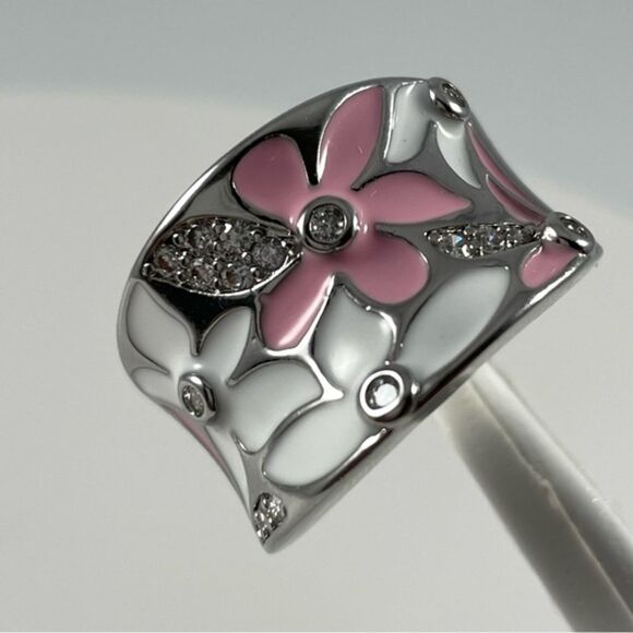 Pink and White Enamel Floral White Diamond CZ Silver Plated Boho Ring Band